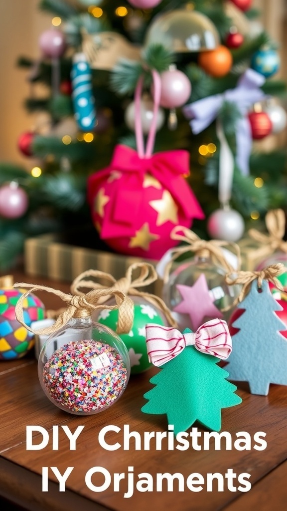 Colorful DIY Christmas ornaments on a wooden table with a Christmas tree in the background.